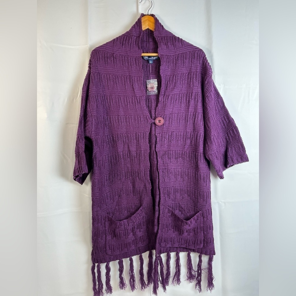 Susan Graver Womens One Button Elbow Sleeve Knit Fringed Cardigan Purple L New